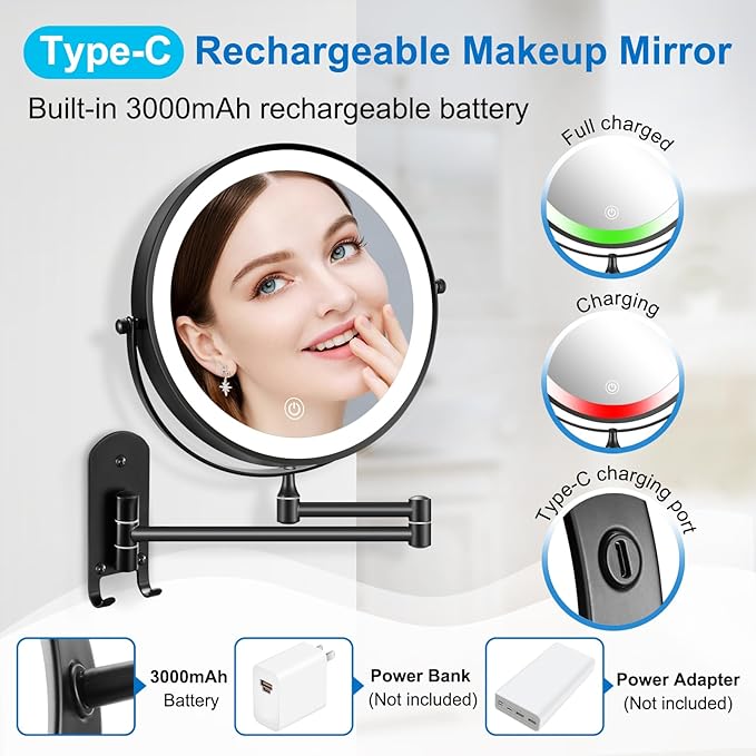 9" Rechargeable Wall Mounted Lighted Makeup Mirror, Double Sided 1X/10X Magnifying Mirror with 3 Color Lights Dimmable, Bathroom Mirror with Hook, Black