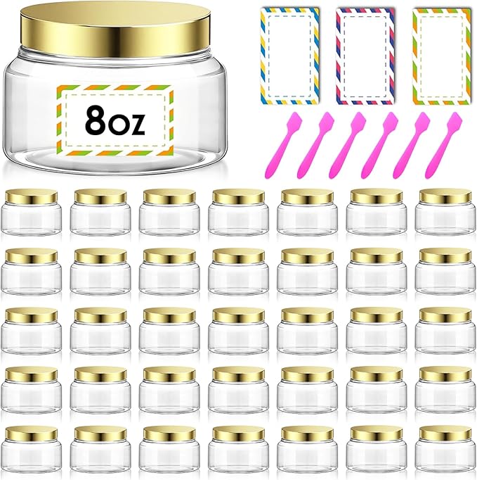 36 Pack 8 oz Plastic Cosmetic Containers With Lids Refillable Clear Empty Travle Jars Containers for Body Butter,Sugar Scrubs,Cream,Lotions,Candy, Waterproof Label&Spatulas - (Gold)