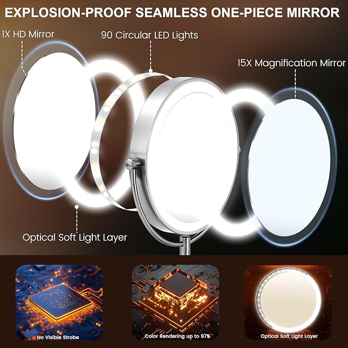 VESAUR 1X15X HD Lighted Makeup Mirror, 9" Large 5000mAh Rechargeable Double Sided Magnifying Mirror with 3 Touch Dimmable Light, 360°Rotation Detachable for Travel Vanity Mirror, Pearl Nickel, Gifts