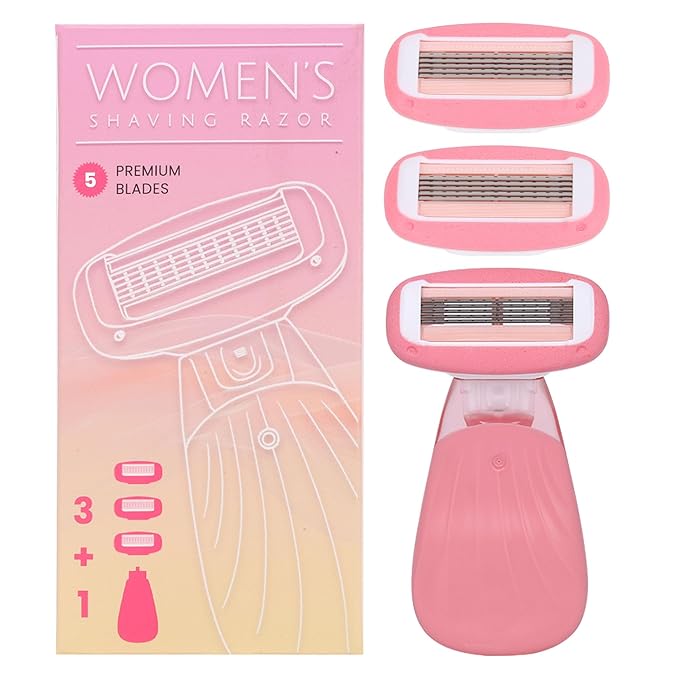 Women Razors for Sensitive Skin, Travel Razors Shaving Kit Essential - 5-Blade for Sensitive Skin - Bikini, Legs, Underarms - 1 Handle & 3 Refill Cartridges - Pink
