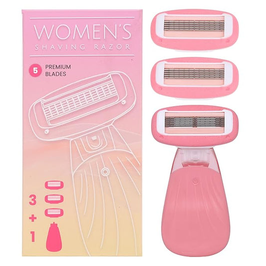 Women Razors for Sensitive Skin, Travel Razors Shaving Kit Essential - 5-Blade for Sensitive Skin - Bikini, Legs, Underarms - 1 Handle & 3 Refill Cartridges - Pink