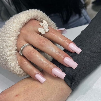 Light Pink Press on Nails Long Square, KXAMELIE Medium Coffin Nails Press ons Long Glue on Nails Natural Thick Fake Nails Acrylic Reusable 24 Solid Color for Women