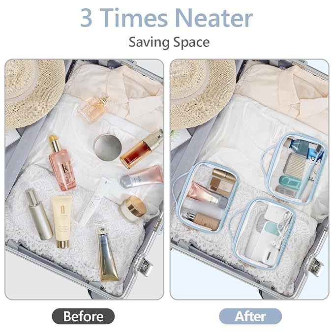 PACKISM TSA Approved Toiletry Bag - Floral Texture Lace Clear Makeup Bags, Ease of Clamshell Closing, Handles and Double Zippers, 0.5 mm Thicker Clear Toiletry Bags, Good for Travel, Blue