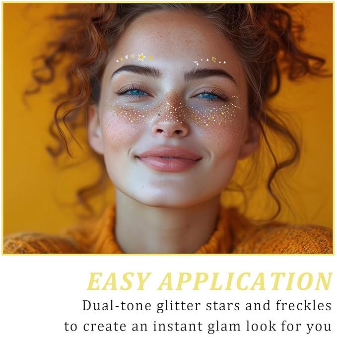 20 Pcs Gold and Silver Face Makeup Patches, Gold & Silver Glitter Freckles Face Tattoos, Gold Glitter Freckles, Sparkle Makeup Patches, Waterproof Face Glitter Patches for Women
