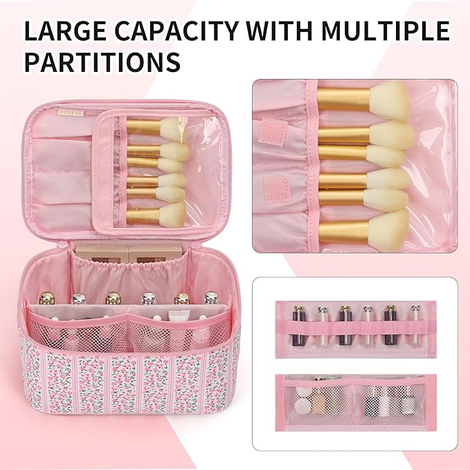 OCHEAL Makeup Bag for Women - Travel Cosmetic Organizer with Brush Slot & Divider, Large Capacity Toiletry Bag for Girls, Travel Makeup Case for everyday Make up Accessories -Pink Floral