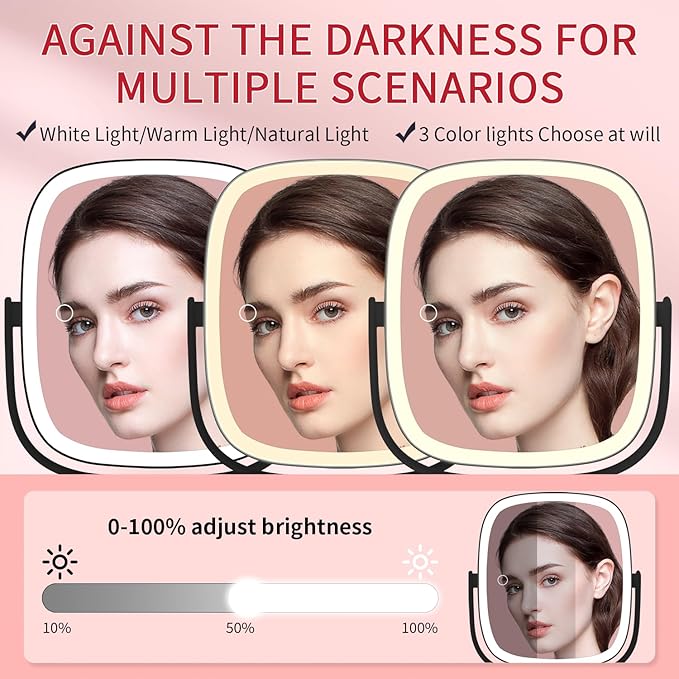 Lighted Makeup Mirror, 2600mAh Rechargeable 1x/10x Magnifying Vanity Mirror, 8.5" Height Adjustable Makeup Mirror with Lights 3 Color, 360° Rotation 2-Sided Light up Large Desk Mirror - Black