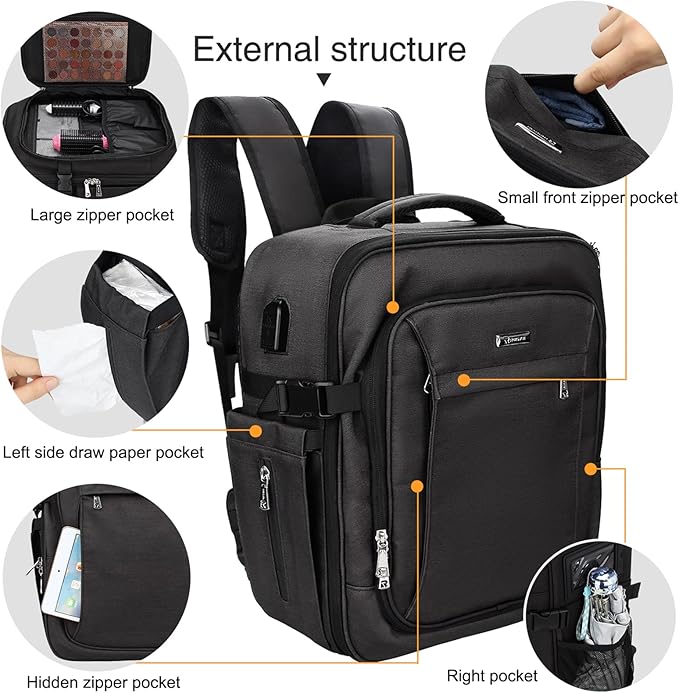 Relavel Professional Makeup Bag Makeup Backpack and Cosmetic Bag, Durable Waterproof Material with Shoulder Straps and Adjustable Dividers, Professional Makeup Artist Organizer