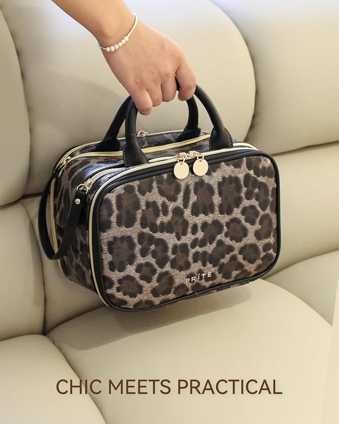 Prite Makeup Bag for Women, Large Capacity Waterproof Travel Cosmetic Organizer, Portable Open Flat Toiletry Bag with Free-standing Brush Holder and Handle(Leopard Print Medium)