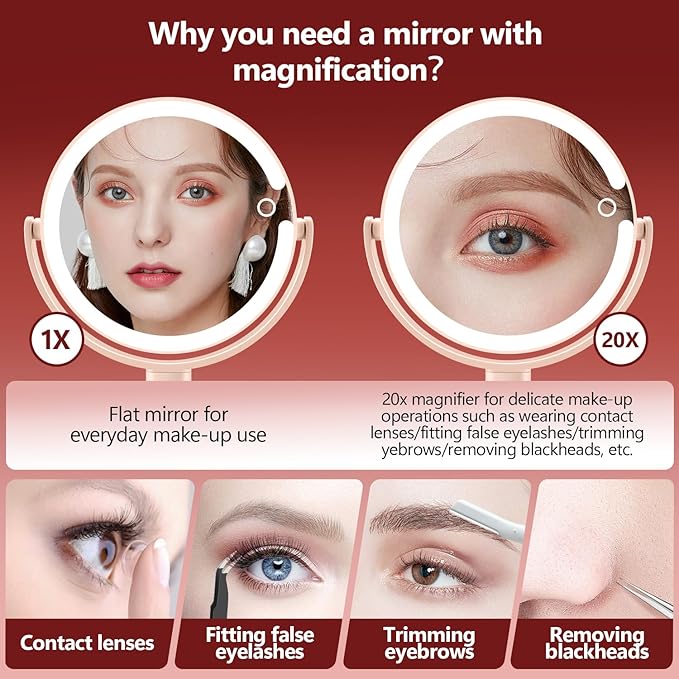 MIYADIVA Makeup Mirror with Lights,20X Magnifying Mirror with Light and Touch Switch,Vanity Mirror with 3 Color Light and 80 LEDs,2-Sided Lighted Magnified Mirrors 8.8 Inches, Pink