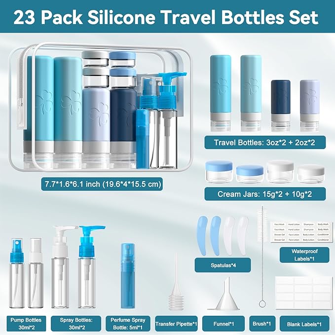 23 Pack Travel Bottles for Toiletries, TSA Approved Travel Shampoo Bottles, Silicone Travel Containers for Toiletries, Leak Proof Refillable Travel Essentials for Liquids Shampoo and Conditioner