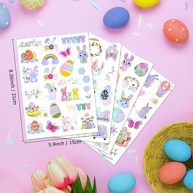 Metuu Easter Temporary Tattoos For Easter Basket Stuffers, 95 Pcs Foil Glitter Style Fake Tattoos For Easter Party Decorations, 4 Sheets Bunny Egg Butterfly Colorful Tattoos for Kids Adults