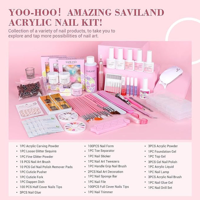 SAVILAND Acrylic Nail Kit with Drill: Professional Nails Kit Acrylic Set with Everything U V Light Gel Polish Nail Glue Tips Nail Art Supplies for DIY Home Salon