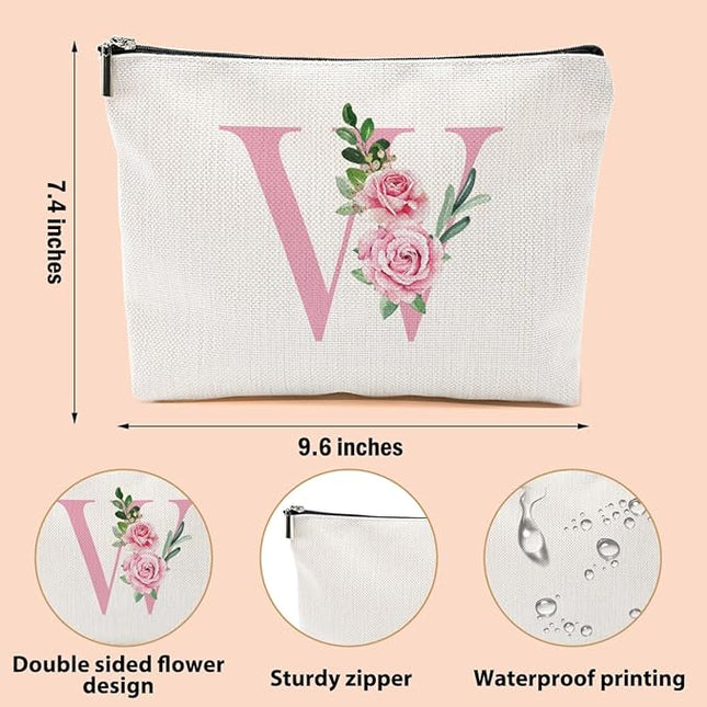 Pink Monogram Makeup Bag, Initial W, Cosmetic Bag Personalized Travel Organizer Bags Makeup Pouch, Monogrammed Gifts for Women Girls Friend Sisters Bridesmaid Wedding Bridal Shower Gifts