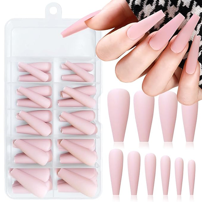LoveOurHome 100pc Coffin Press on Nails Long Fake Nails Matte Full Cover False Nails Press ons Artificial Nail Medium Ballerina Fake Fingernail Nude Presson on Nail Tips for Women Kids Girls