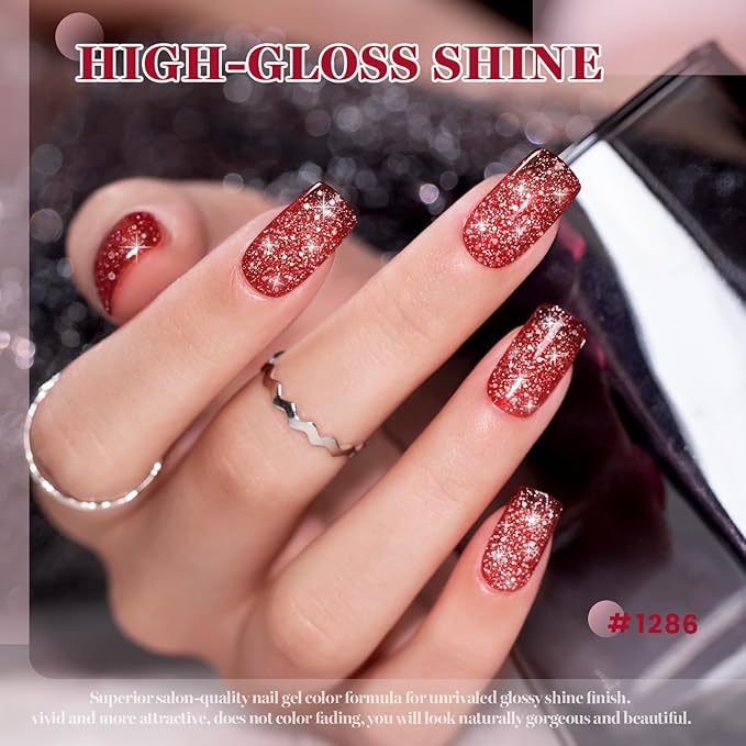 RARJSM Red Reflective Glitter Gel Nail Polish Holographic Rainbow Iridescent Sparkle Flash Diamond Shimmer LED UV Soak Off Gelpolish Nail Art Manicure Salon DIY at Home 1pcs 7.5ml