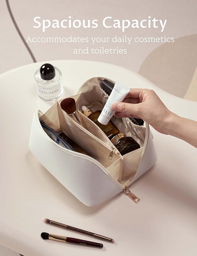 Yarnic White Travel Makeup Bag Cosmetic Bag Make Up Pouch, Large Capacity Toiletry Bag for Women, Portable Pouch Cute Make Up Organizer with Divider and Handle, PU Leather