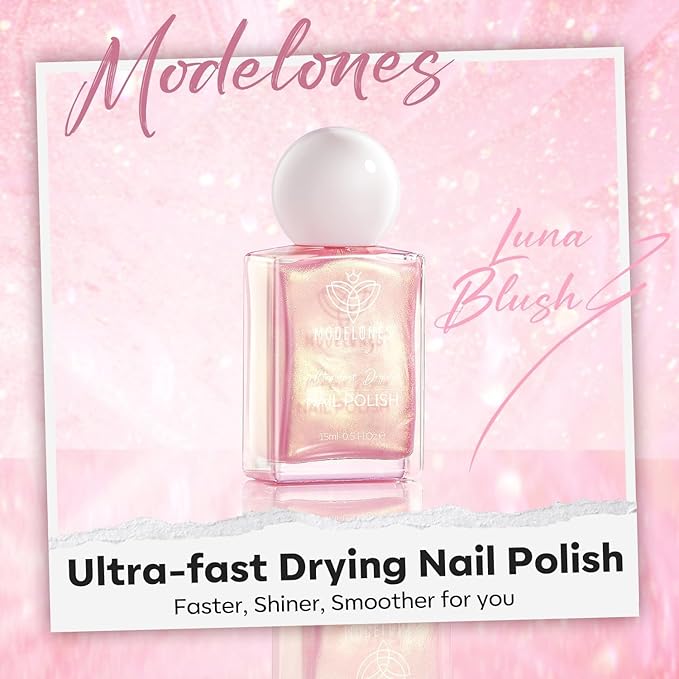 modelones Chrome Pink Nail Polish, 15 ml Pearl Mermaid Iridescent Shimmer Pink Quick Dry Nail Lacquer Long Last Shine Fingernail Polish Nail Art DIY Home Manicure Gift for Women Girls 0.5 Fl Oz