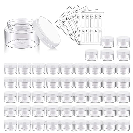 50 Pack 1 OZ Plastic Jars Round Clear Cosmetic Container with Clear Lids, Eternal Moment Slime Jars for Lotion, Cream, Ointments, Makeup, Eye shadow, Rhinestone, Samples, Pot, Travel Storage