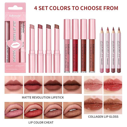 3PCS Lip Liner and Lipstick Combo Set - Matte Lip Liner Pencil, Velvet Matte Lipstick & Hydrating Collagen Lip Gloss - Long-Lasting, Smudge-Proof, High Pigment Nude Brown Lip Makeup Kit (#2 Red Rose)