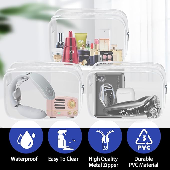 16 Pack Waterproof Cosmetic Bag TSA Approved Toiletry Bag, Portable Travel Pouch with Zipper, Vinyl Plastic Organizer Storage for Men and Women (White-L)