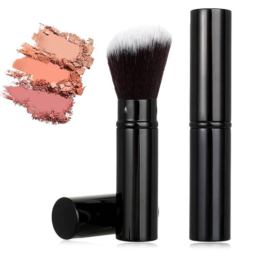 Retractable Makeup Brush, 2 Pcs Portable Kabuki Brush Travel Powder Foundation Brush with Cover Face Blush Brushes Makeup Tools for Blush, Bronzer, Buffing, Loose Powder, Liquid, Cream, Sunscreen