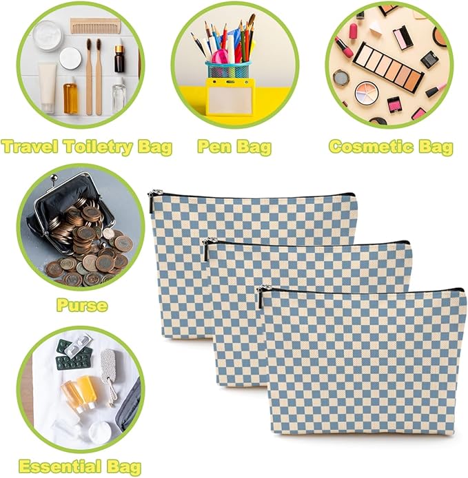 6 Pcs Checkered Makeup Bags Make up Bag Cosmetic Bags for Women Girls Sister Bridesmaid Auntie Friendship Christmas Birthday Travel Toiletry Bag Aesthetic Zipper Organizer Accessories, Cute Blue Plaid