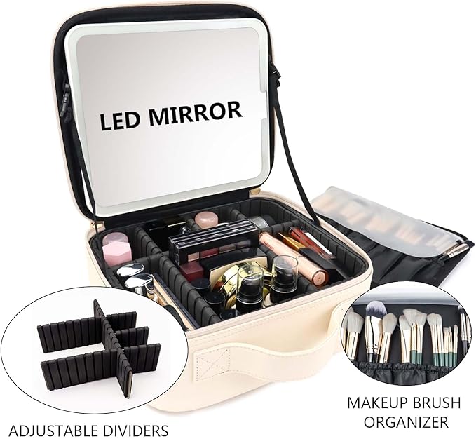 Travel Makeup Bag with LED Mirror Travel Makeup Organizer with 3 Lighted Settings, Adjustable Dividers and Makeup Brush Storage Bag White