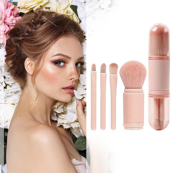 Vtrem Makeup Brushes Set Portable - 4 in 1 Travel Powder Brush, Lip Brush, Eyeshadow Brush, Highlight Brush, Foundation Blending Powder Brushes Retractable Make Up Brushes Set, Pink