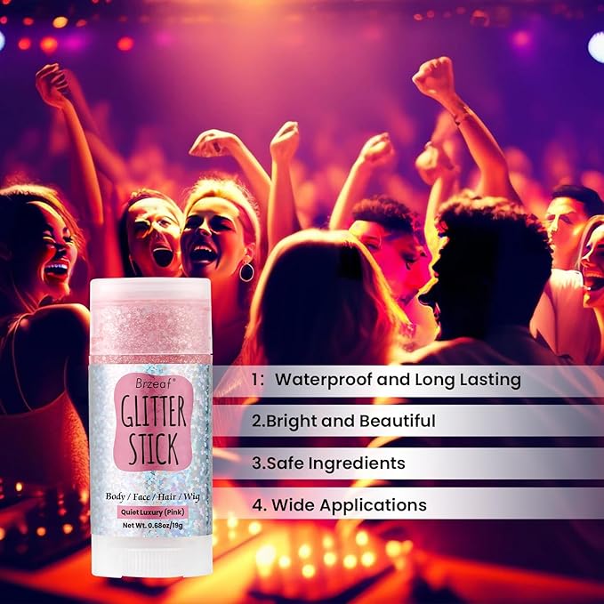 Brzeaf Pink Glitter Stick, Not Greasy & Long Lasting, Halloween Face Glitter Gel, Chunky Glitter for Face/Body/Hair/Eyes/Lip, Singer Concert Music Rave Festival, Glitter Stick Makeup for Women Men