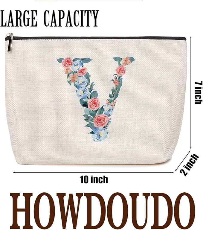 Initial Makeup Bag Monogrammed Travel Toiletry Bag Monogram Cosmetic Bag Birthday Christmas Bridal Shower Bridesmaid Gifts Personalized Gifts for Women Bride Teacher Sister Girlfriend, Floral Letter V
