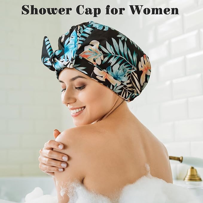 Luxury Shower Cap for Women, Shower Caps for Women Reusable Waterproof, Hair Cap for Shower, Large Adjustable Bowknot Bath Cap for Long Hair Braids