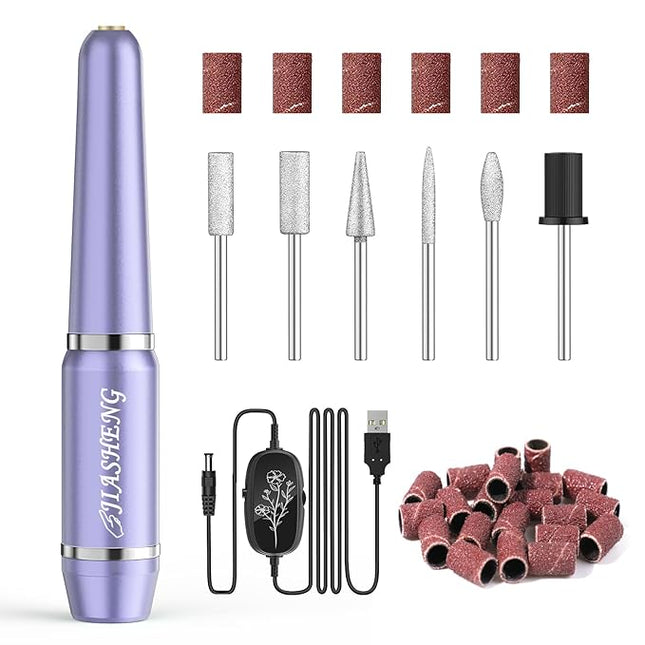 JIASHENG USB Electric Nail Drill, Portable Electric Nail File for Acrylic Gel Nails, Professional Drill Nail Kit Manicure and Pedicure Kit with Drill Bits for Home and Salon Use, Lilac