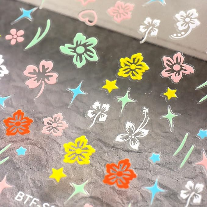 Dornail 8 Sheets 3D Colorful Flower Nail Stickers,Hollow White Hibiscus Flowers Nail Art Stickers Blooming Pink Hibiscus Floral Leaf Nail Decals for Women DIY Nail Art Supplies Nail Designs Nail Decor