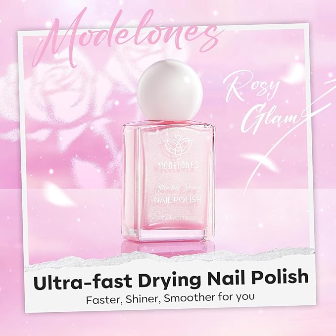 modelones Glazed Pink Nail Polish, Shimmer Pearl Pink 15 ml Quick Dry Nail Lacquer Strengthener Long Last Shine Fingernail Toe Nail Art DIY Home Travel Manicure Gift for Women Girls 0.5 Fl Oz