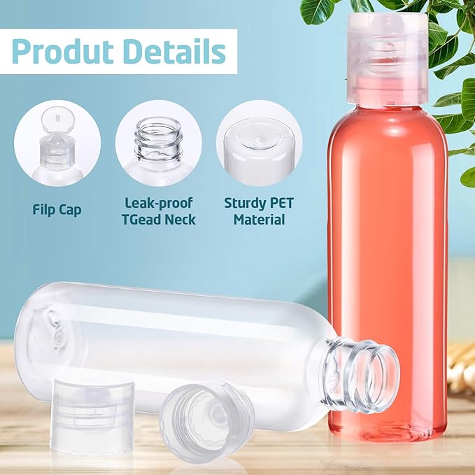Zhehao 200 Pcs 2 oz Clear Plastic Empty Bottles Small Travel Size Bottles with Flip Cap Empty Transparent Dispenser Container for Liquids Toiletries Shampoo Lotion(Colorless Cap)