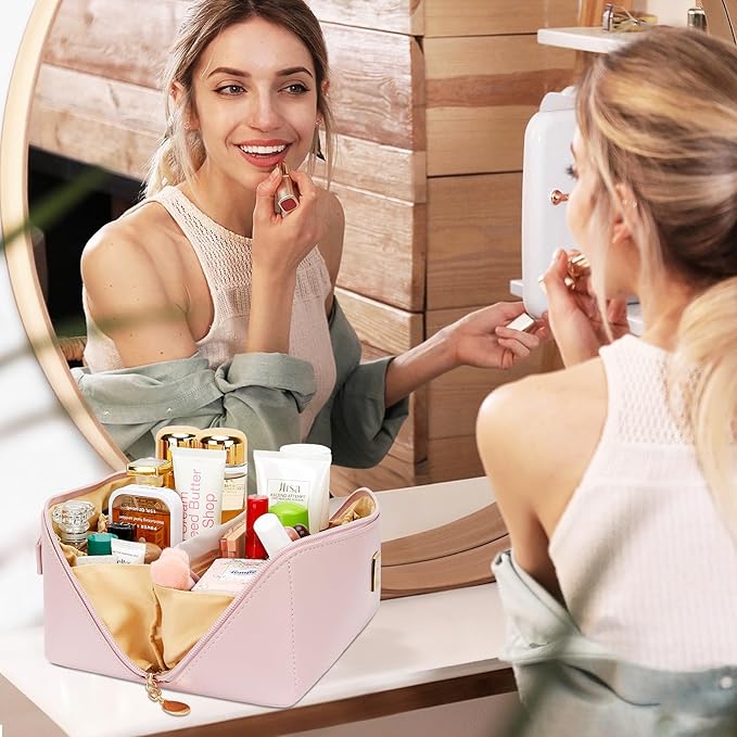 Birthday Gifts for Women Teen Girl, Personalized Initial Makeup Organizer Bag Set, Open Flat Travel Cosmetic Bag With Clear Divider and Handle(Pink,Z)