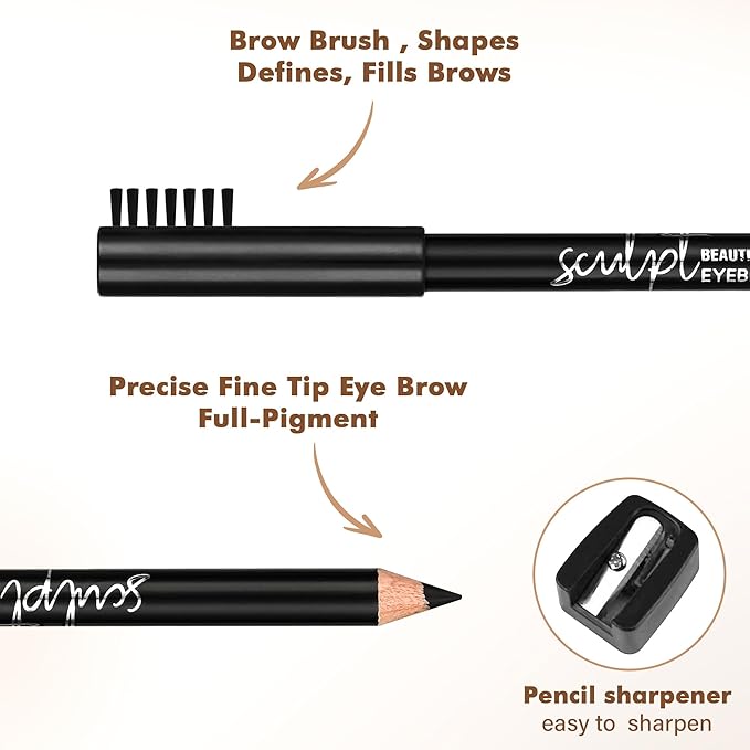 6Pcs Eyebrow pencil wooden，Brow Kit with Brush and Sharpener，Eyebrow Pencils for Women，Fine Tip Eye Brow Eye Liner for Eye Makeup,Shapes, Defines, Fills Brows (Blackest Black-06)