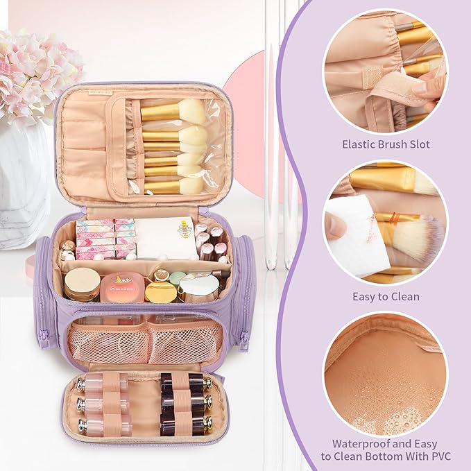 OCHEAL Makeup Bag,Travel Cosmetic Cases Makeup Organizer Bag for Women with Zipper Pouch and Side Pocket, Multifunctional Compartments and Dividers,Make up Toiletries, Brushes & Beauty Tools-Purple