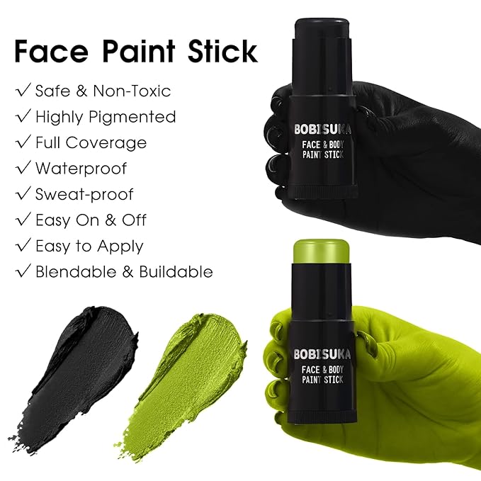 BOBISUKA Light Green & Black Face Body Paint Stick Kit with Black Lipstick & Eyeliner Pen, Setting Powder & 2 Sponges – Halloween Makeup Set for Beetle Juice, Demon, Monsters, Witches & Gothic Looks