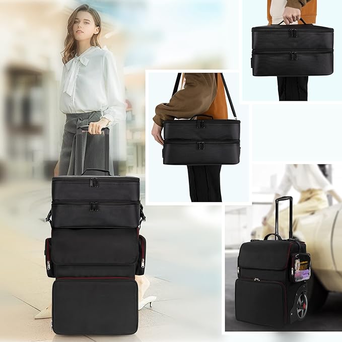 Large Makeup Train Case with a Large Makeup Travel Case for Hairstylist, Hairdresser Bag with Detachable Pouch,Heat Insulation and Anti-scalding for Hairdressing Tool Organizer 2 in 1, Big wheels
