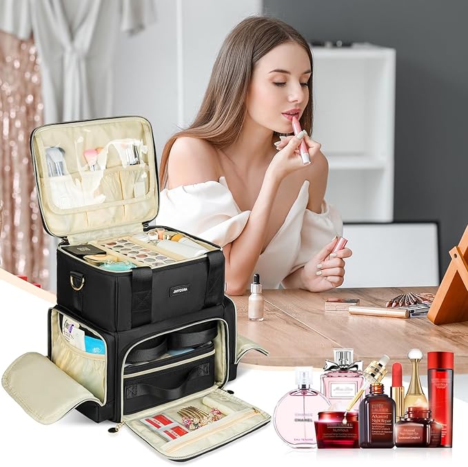 Extra Large Makeup Bag with 3 Removable Cases, Double Layers Travel Cosmetic Storage Organizer Bag with Detachable Dividers, Black