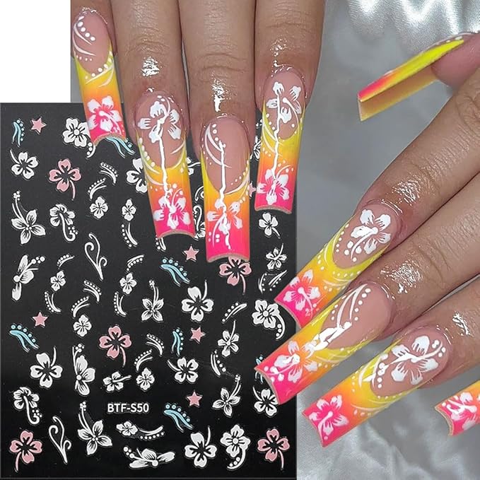 Dornail 8 Sheets 3D Colorful Flower Nail Stickers,Hollow White Hibiscus Flowers Nail Art Stickers Blooming Pink Hibiscus Floral Leaf Nail Decals for Women DIY Nail Art Supplies Nail Designs Nail Decor