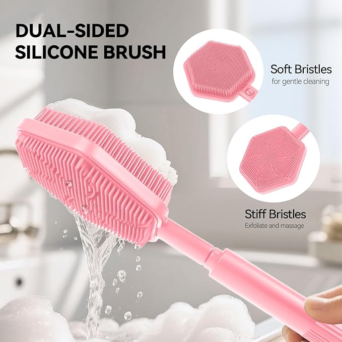 21 Inches Silicone Back Scrubber for Shower - Extendable Shower Brush Long Handle with Stiff and Soft Bristles -Loofah Alternative- Body Exfoliator for Bath or Dry Brush,Men & Woman (Pink)
