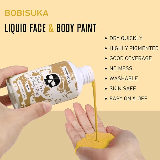 BOBISUKA Gold Face Body Paint Liquid Texture Washable Non Toxic Facepaint Fast Drying Metallic Gold Foundation Makeup for Halloween Cosplay SFX Costume Party Large Capacity(130ml)