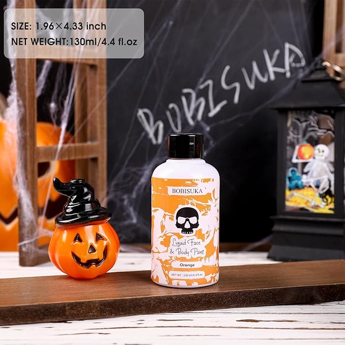 BOBISUKA Orange Face Body Paint Liquid Texture Washable Non Toxic Facepaint Fast Drying Foundation Makeup for or Halloween Pumpkin Cosplay SFX Costume Party Large Capacity(130ml)