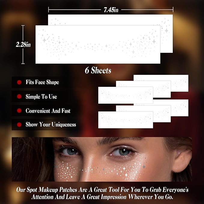 Glitter Freckles Face Tattoo Makeup Patches - 6 Sheets Silver Star Fake Freckles Accessories for Women, Singer, Dancer, Rave Party
