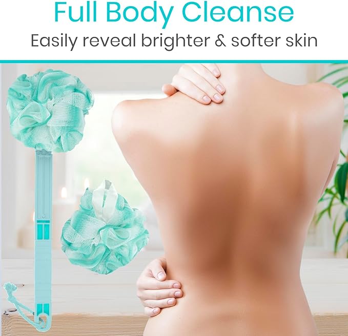 Vive Long Handled Loofah on a Stick - Mesh Back Sponge for Bath, Reusable w/Extra Pouf - Exfoliating Scrubber for Elderly & Disabled, Soft Loofa for Bathing Men & Women