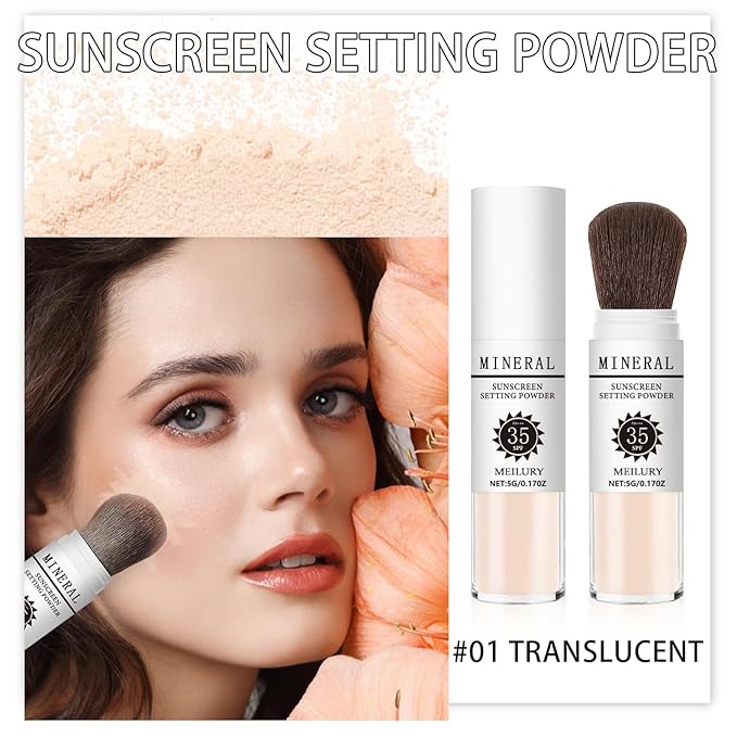 Sunscreen Setting Powder SPF 35, Mineral Brush Powder for Face & Scalp, Oil Control Natural Matte Finish Loose Powder Translucent Lasting Lightweight Breathable for All Skin (#01 Translucent)