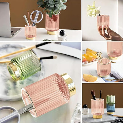 DASITON Makeup Brush holder Organizer,Crystal Cosmetic Makeup Brush Glass Brushes Storage Holder, Vintage Make Up Brush Cup Pen Pencil Holder striped vase(Pink L)