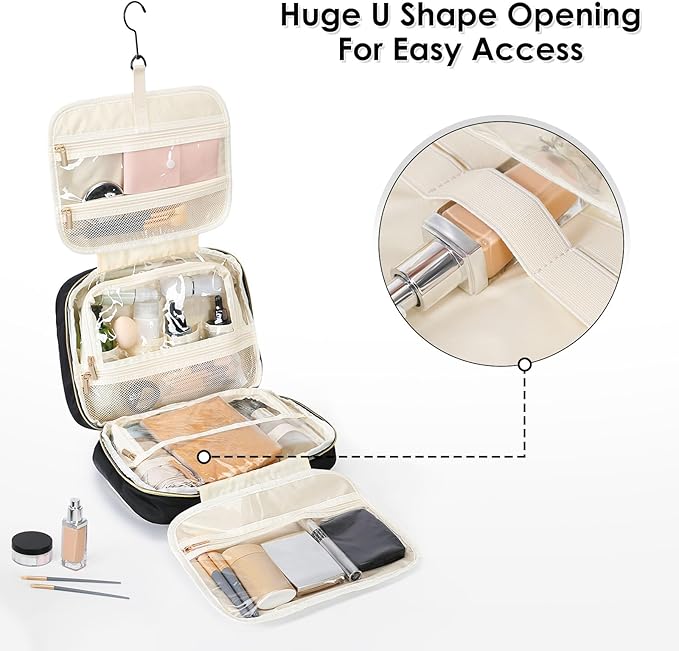 Travel Toiletry Bag Hanging Toiletry Bag for Women Water-resistant Cosmetic Makeup Bag for Full Sized Travel Essentials Must Have (Black)